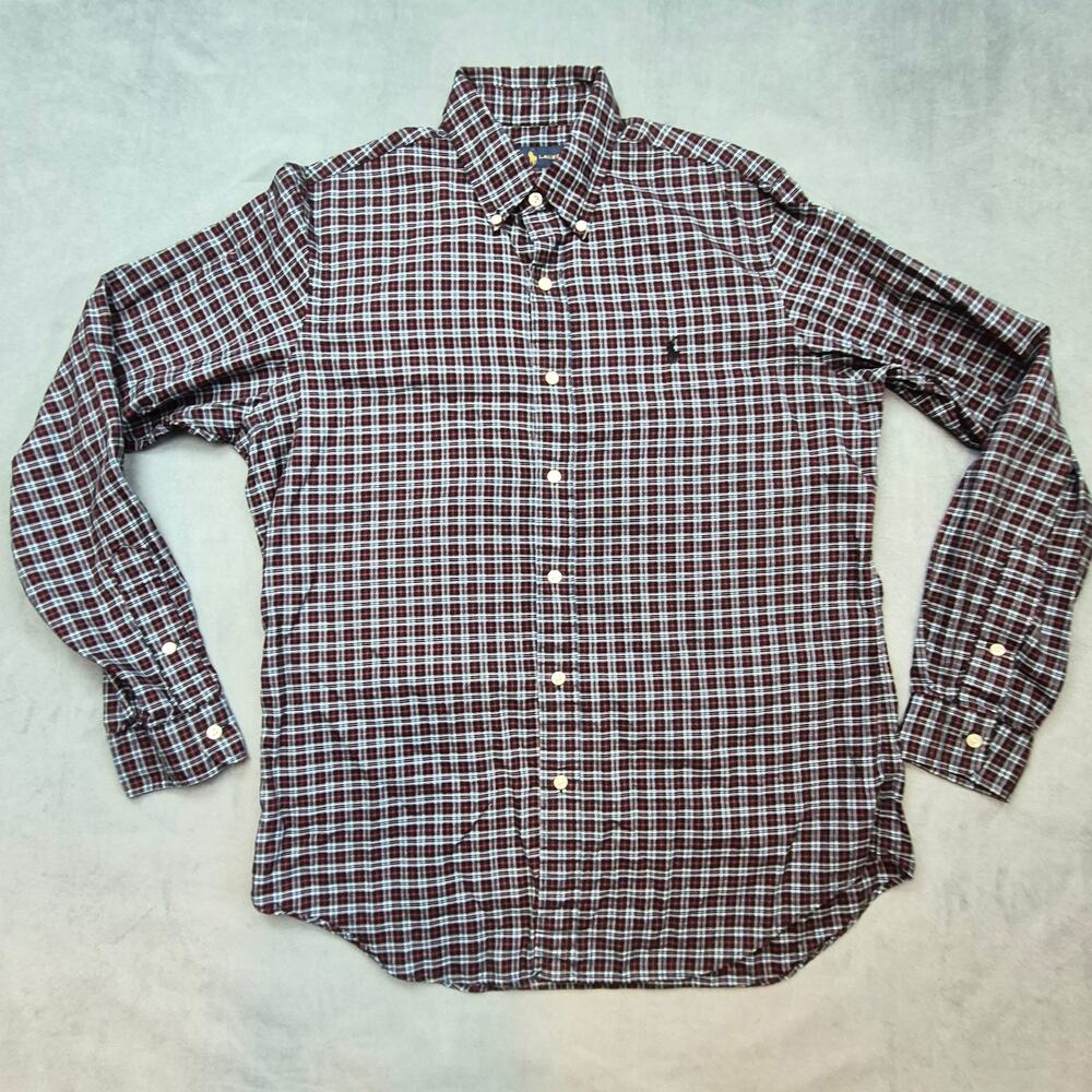Polo Ralph Lauren Preppy Casual Mens M Red Black Blue Plaid Cotton Button Down